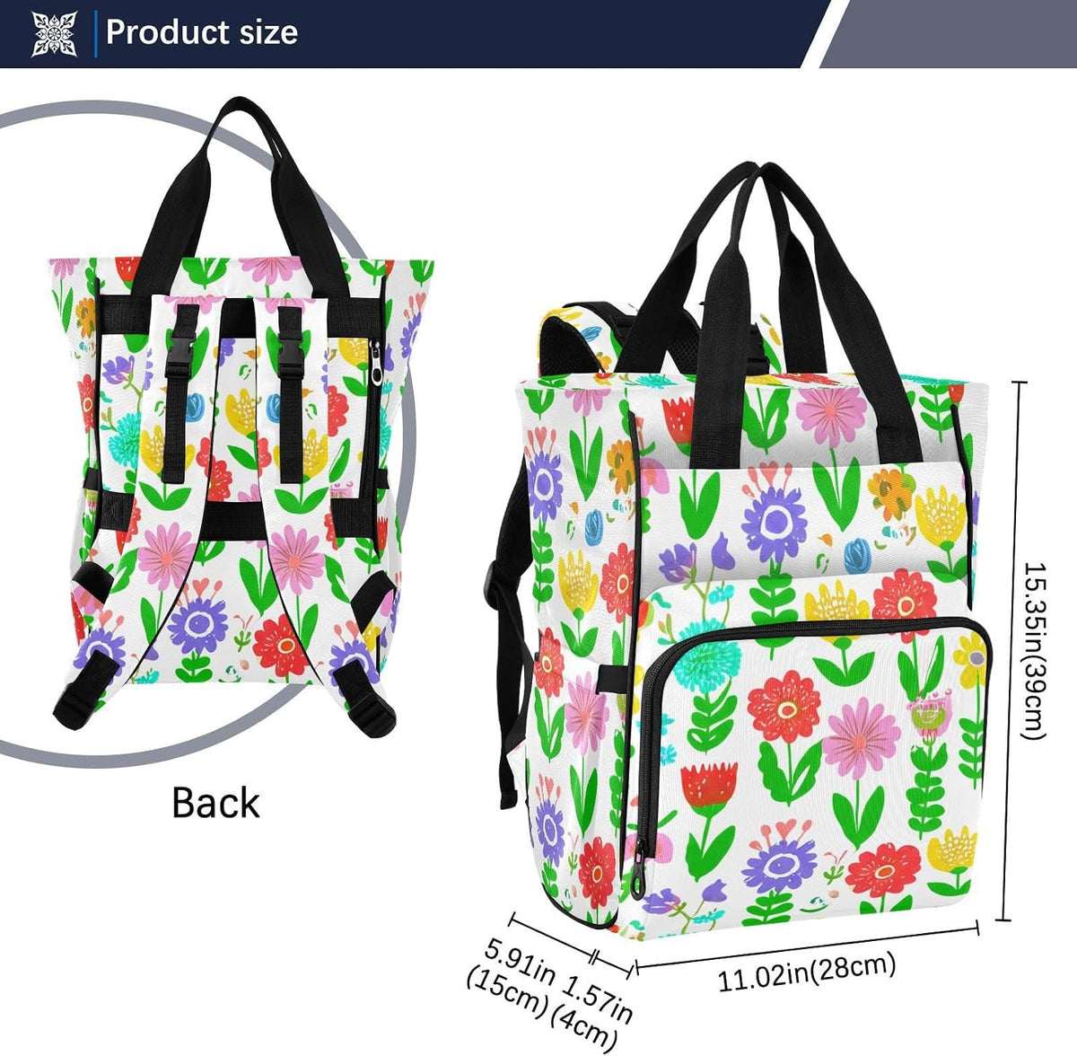 Diaper Bag Backpack, Multifunction Travel Bag for Moms Dads, Baby Changing Bag with Insulted Pockets, Stroller Straps and Side Bottle Pockets Spring Floral Pattern