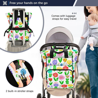 Diaper Bag Backpack, Multifunction Travel Bag for Moms Dads, Baby Changing Bag with Insulted Pockets, Stroller Straps and Side Bottle Pockets Spring Floral Pattern