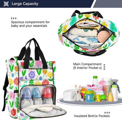 Diaper Bag Backpack, Multifunction Travel Bag for Moms Dads, Baby Changing Bag with Insulted Pockets, Stroller Straps and Side Bottle Pockets Spring Floral Pattern