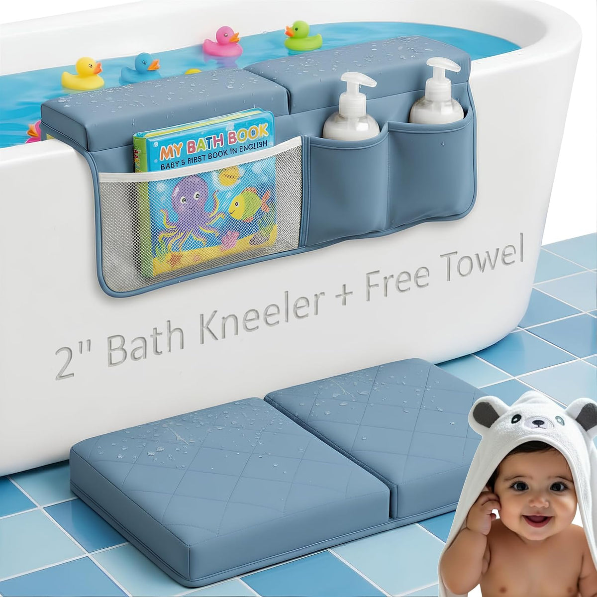 2inch Extra Thick Baby Bath Kneeler and Elbow Rest Pad Set + Hooded Towel