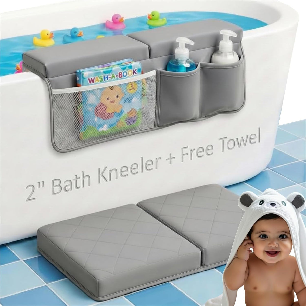 2inch Extra Thick Baby Bath Kneeler and Elbow Rest Pad Set + Hooded Towel