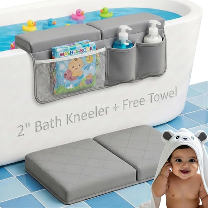 2inch Extra Thick Baby Bath Kneeler and Elbow Rest Pad Set + Hooded Towel