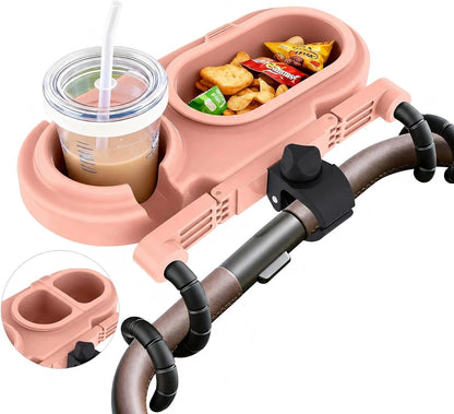 Universal Stroller Snack Tray with Cup Holder & 3 Detachable Silicone Bowls, 3-in-1 Stroller Tray Attachment for Round or Oval Bars 0.9"-1.3" in Diameter, Dishwasher Safe, Purple