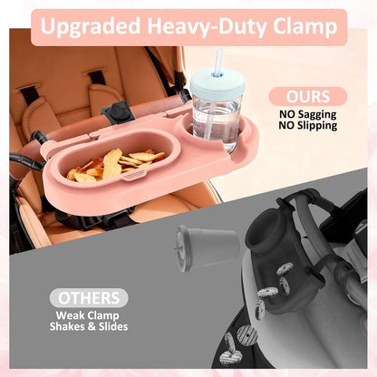 Universal Stroller Snack Tray with Cup Holder & 3 Detachable Silicone Bowls, 3-in-1 Stroller Tray Attachment for Round or Oval Bars 0.9"-1.3" in Diameter, Dishwasher Safe, Purple
