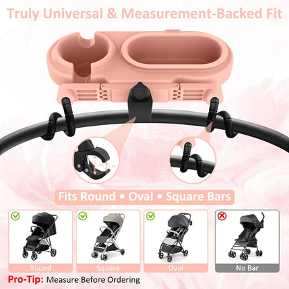 Universal Stroller Snack Tray with Cup Holder & 3 Detachable Silicone Bowls, 3-in-1 Stroller Tray Attachment for Round or Oval Bars 0.9"-1.3" in Diameter, Dishwasher Safe, Purple