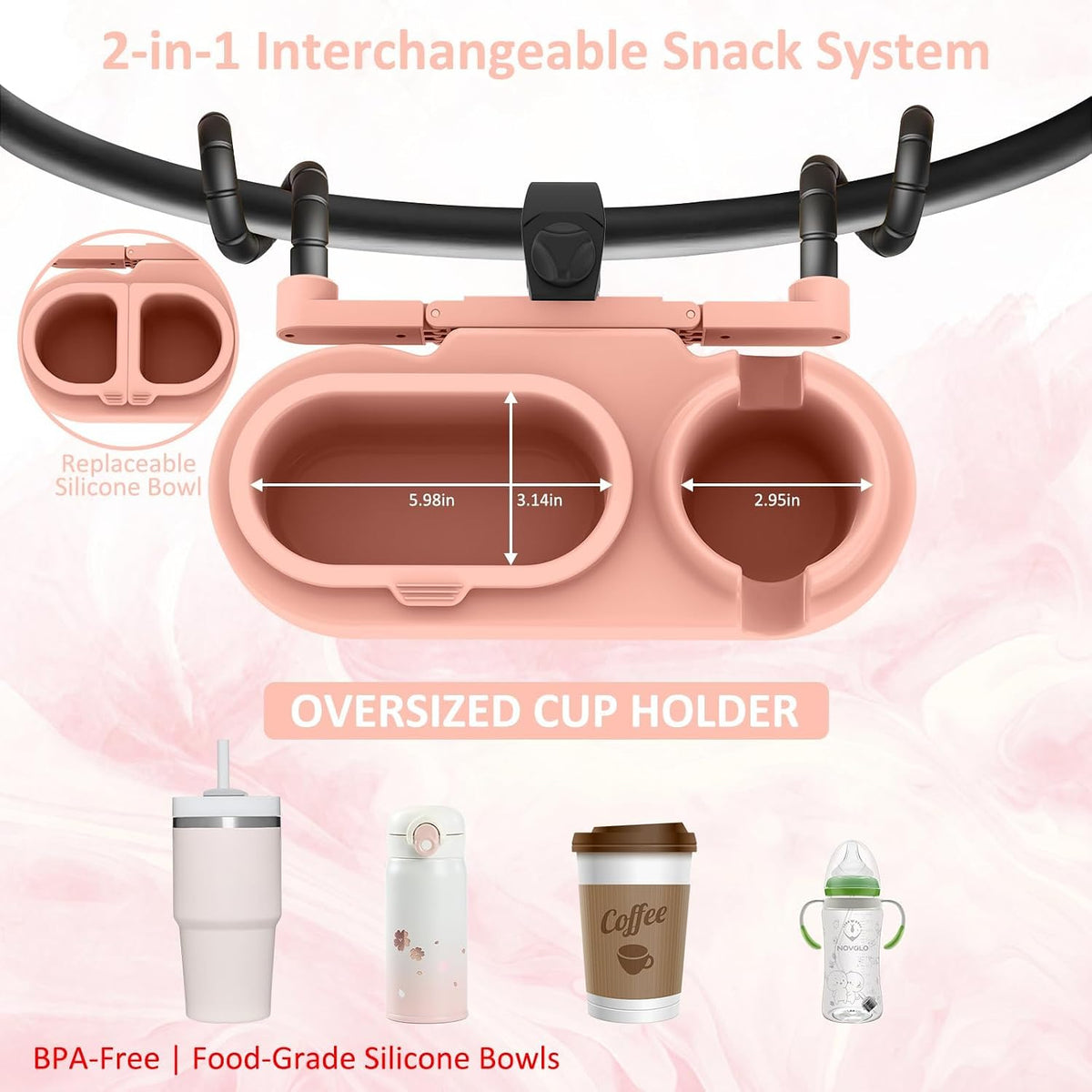 Universal Stroller Snack Tray with Cup Holder & 3 Detachable Silicone Bowls, 3-in-1 Stroller Tray Attachment for Round or Oval Bars 0.9"-1.3" in Diameter, Dishwasher Safe, Purple