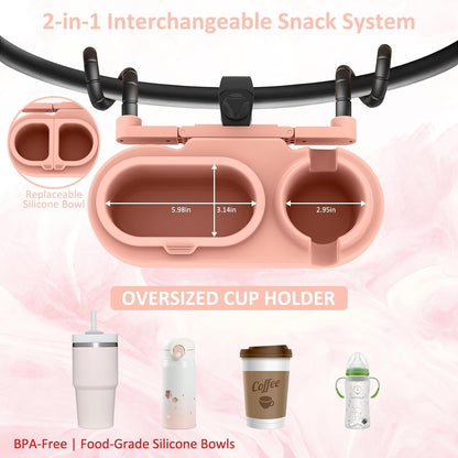 Universal Stroller Snack Tray with Cup Holder & 3 Detachable Silicone Bowls, 3-in-1 Stroller Tray Attachment for Round or Oval Bars 0.9"-1.3" in Diameter, Dishwasher Safe, Purple
