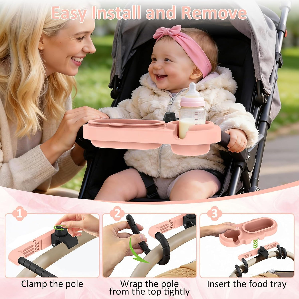 Universal Stroller Snack Tray with Cup Holder & 3 Detachable Silicone Bowls, 3-in-1 Stroller Tray Attachment for Round or Oval Bars 0.9"-1.3" in Diameter, Dishwasher Safe, Purple
