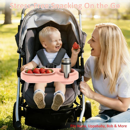 Universal Stroller Snack Tray with Cup Holder & 3 Detachable Silicone Bowls, 3-in-1 Stroller Tray Attachment for Round or Oval Bars 0.9"-1.3" in Diameter, Dishwasher Safe, Purple