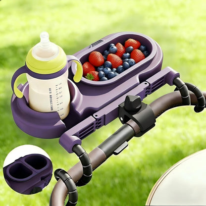 Universal Stroller Snack Tray with Cup Holder & 3 Detachable Silicone Bowls, 3-in-1 Stroller Tray Attachment for Round or Oval Bars 0.9"-1.3" in Diameter, Dishwasher Safe, Purple
