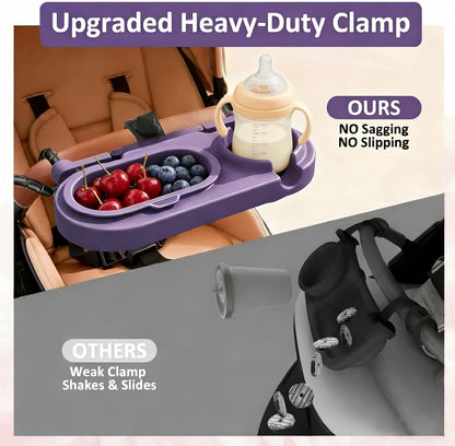 Universal Stroller Snack Tray with Cup Holder & 3 Detachable Silicone Bowls, 3-in-1 Stroller Tray Attachment for Round or Oval Bars 0.9"-1.3" in Diameter, Dishwasher Safe, Purple