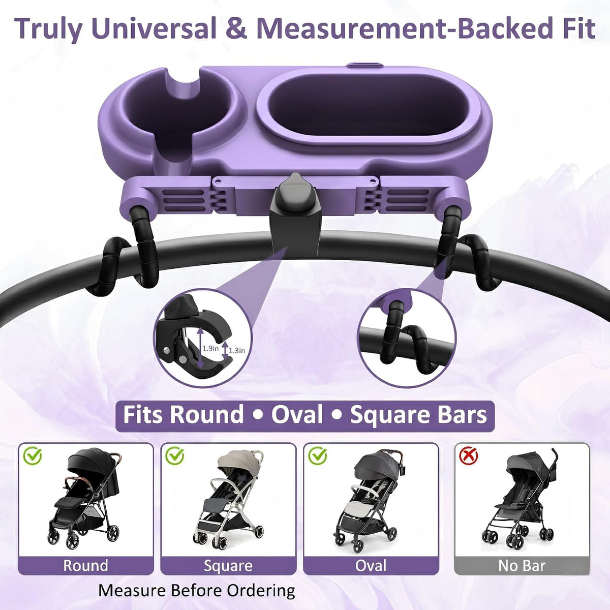 Universal Stroller Snack Tray with Cup Holder & 3 Detachable Silicone Bowls, 3-in-1 Stroller Tray Attachment for Round or Oval Bars 0.9"-1.3" in Diameter, Dishwasher Safe, Purple