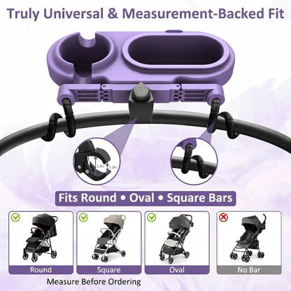 Universal Stroller Snack Tray with Cup Holder & 3 Detachable Silicone Bowls, 3-in-1 Stroller Tray Attachment for Round or Oval Bars 0.9"-1.3" in Diameter, Dishwasher Safe, Purple