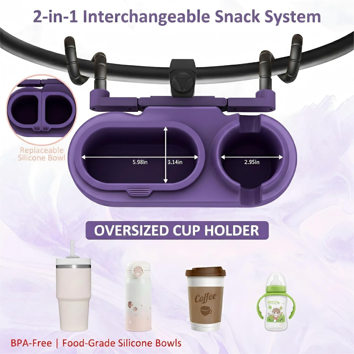Universal Stroller Snack Tray with Cup Holder & 3 Detachable Silicone Bowls, 3-in-1 Stroller Tray Attachment for Round or Oval Bars 0.9"-1.3" in Diameter, Dishwasher Safe, Purple
