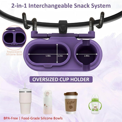 Universal Stroller Snack Tray with Cup Holder & 3 Detachable Silicone Bowls, 3-in-1 Stroller Tray Attachment for Round or Oval Bars 0.9"-1.3" in Diameter, Dishwasher Safe, Purple