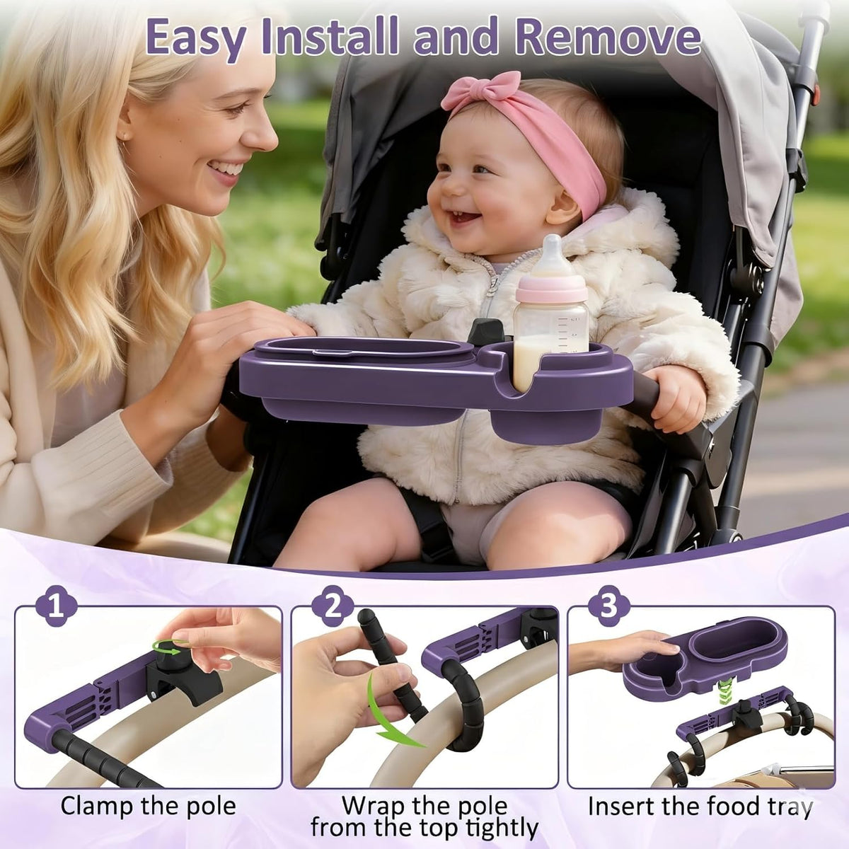 Universal Stroller Snack Tray with Cup Holder & 3 Detachable Silicone Bowls, 3-in-1 Stroller Tray Attachment for Round or Oval Bars 0.9"-1.3" in Diameter, Dishwasher Safe, Purple