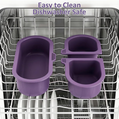 Universal Stroller Snack Tray with Cup Holder & 3 Detachable Silicone Bowls, 3-in-1 Stroller Tray Attachment for Round or Oval Bars 0.9"-1.3" in Diameter, Dishwasher Safe, Purple