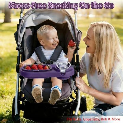 Universal Stroller Snack Tray with Cup Holder & 3 Detachable Silicone Bowls, 3-in-1 Stroller Tray Attachment for Round or Oval Bars 0.9"-1.3" in Diameter, Dishwasher Safe, Purple
