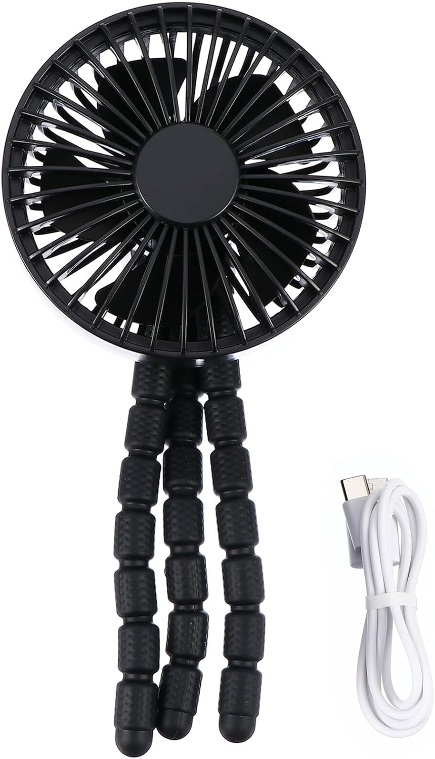 Portable Mini Tripod Stroller Fan for Babies, Flexible Silent Rechargeable Outdoor Cooling Fan, Black USB Battery Operated Air Cooler for Travel and Office Use