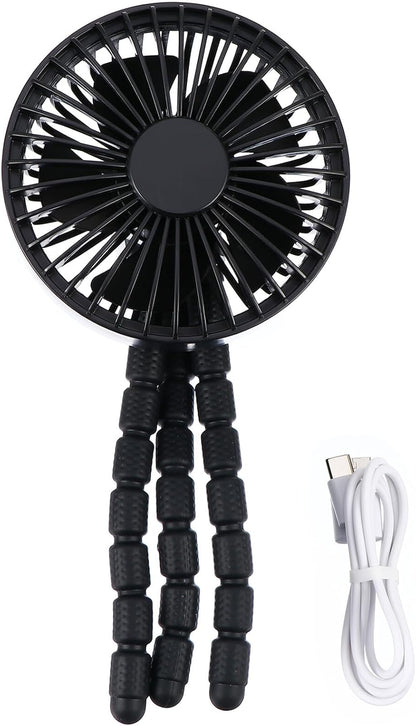 Portable Mini Tripod Stroller Fan for Babies, Flexible Silent Rechargeable Outdoor Cooling Fan, Black USB Battery Operated Air Cooler for Travel and Office Use