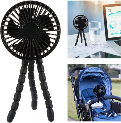 Portable Mini Tripod Stroller Fan for Babies, Flexible Silent Rechargeable Outdoor Cooling Fan, Black USB Battery Operated Air Cooler for Travel and Office Use