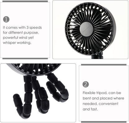 Portable Mini Tripod Stroller Fan for Babies, Flexible Silent Rechargeable Outdoor Cooling Fan, Black USB Battery Operated Air Cooler for Travel and Office Use