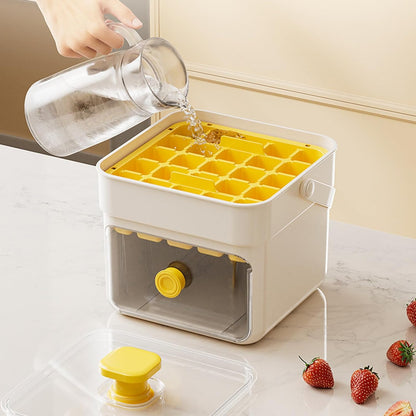 Button Ice Cube Tray with Lid and Bin, Easy Press Release Ice Cube Maker Mold Container with Handle and Scoop Compatible with Whiskey Cocktail Coffee Beverage Home Kitchen Party