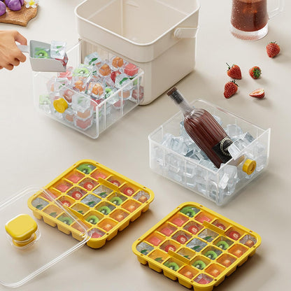 Button Ice Cube Tray with Lid and Bin, Easy Press Release Ice Cube Maker Mold Container with Handle and Scoop Compatible with Whiskey Cocktail Coffee Beverage Home Kitchen Party