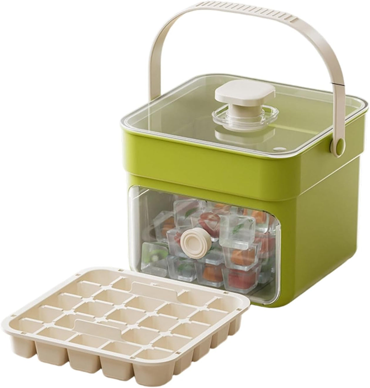 Button Ice Cube Tray with Lid and Bin, Easy Press Release Ice Cube Maker Mold Container with Handle and Scoop Compatible with Whiskey Cocktail Coffee Beverage Home Kitchen Party