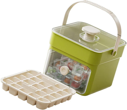 Button Ice Cube Tray with Lid and Bin, Easy Press Release Ice Cube Maker Mold Container with Handle and Scoop Compatible with Whiskey Cocktail Coffee Beverage Home Kitchen Party