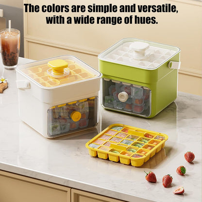 Button Ice Cube Tray with Lid and Bin, Easy Press Release Ice Cube Maker Mold Container with Handle and Scoop Compatible with Whiskey Cocktail Coffee Beverage Home Kitchen Party