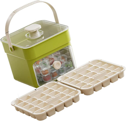 Button Ice Cube Tray with Lid and Bin, Easy Press Release Ice Cube Maker Mold Container with Handle and Scoop Compatible with Whiskey Cocktail Coffee Beverage Home Kitchen Party