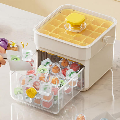 Button Ice Cube Tray with Lid and Bin, Easy Press Release Ice Cube Maker Mold Container with Handle and Scoop Compatible with Whiskey Cocktail Coffee Beverage Home Kitchen Party
