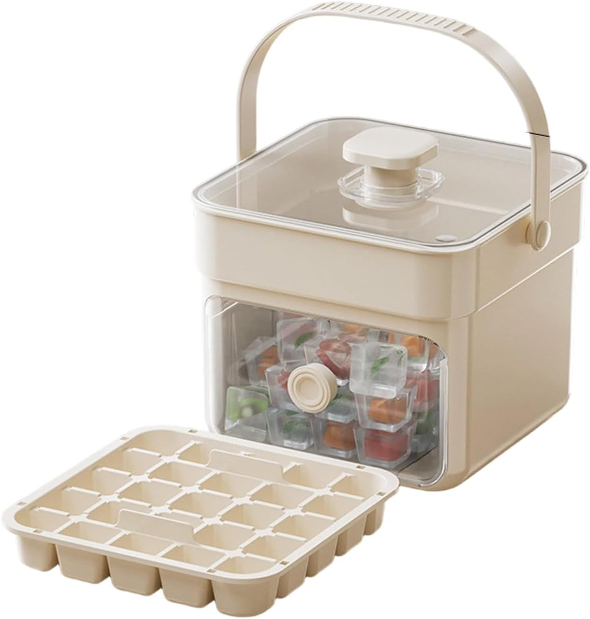 Button Ice Cube Tray with Lid and Bin, Easy Press Release Ice Cube Maker Mold Container with Handle and Scoop Compatible with Whiskey Cocktail Coffee Beverage Home Kitchen Party
