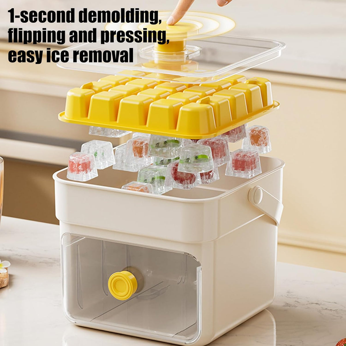 Button Ice Cube Tray with Lid and Bin, Easy Press Release Ice Cube Maker Mold Container with Handle and Scoop Compatible with Whiskey Cocktail Coffee Beverage Home Kitchen Party