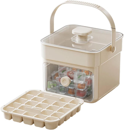 Button Ice Cube Tray with Lid and Bin, Easy Press Release Ice Cube Maker Mold Container with Handle and Scoop Compatible with Whiskey Cocktail Coffee Beverage Home Kitchen Party