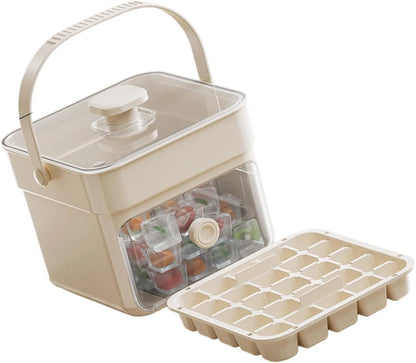 Button Ice Cube Tray with Lid and Bin, Easy Press Release Ice Cube Maker Mold Container with Handle and Scoop Compatible with Whiskey Cocktail Coffee Beverage Home Kitchen Party