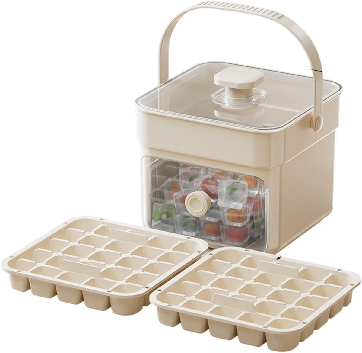 Button Ice Cube Tray with Lid and Bin, Easy Press Release Ice Cube Maker Mold Container with Handle and Scoop Compatible with Whiskey Cocktail Coffee Beverage Home Kitchen Party