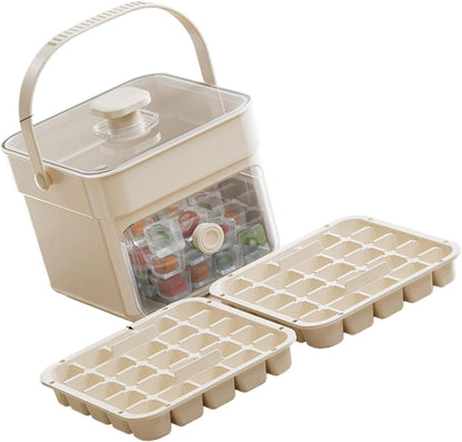 Button Ice Cube Tray with Lid and Bin, Easy Press Release Ice Cube Maker Mold Container with Handle and Scoop Compatible with Whiskey Cocktail Coffee Beverage Home Kitchen Party
