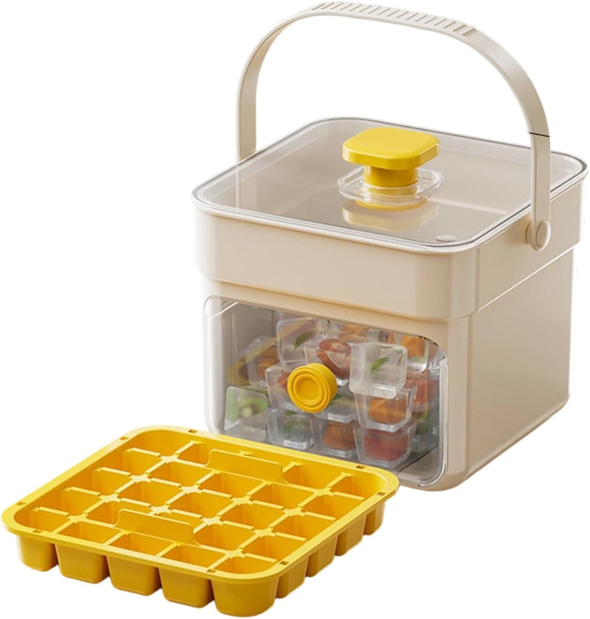 Button Ice Cube Tray with Lid and Bin, Easy Press Release Ice Cube Maker Mold Container with Handle and Scoop Compatible with Whiskey Cocktail Coffee Beverage Home Kitchen Party