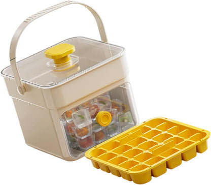 Button Ice Cube Tray with Lid and Bin, Easy Press Release Ice Cube Maker Mold Container with Handle and Scoop Compatible with Whiskey Cocktail Coffee Beverage Home Kitchen Party