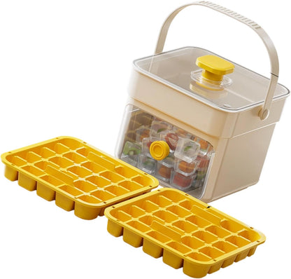 Button Ice Cube Tray with Lid and Bin, Easy Press Release Ice Cube Maker Mold Container with Handle and Scoop Compatible with Whiskey Cocktail Coffee Beverage Home Kitchen Party