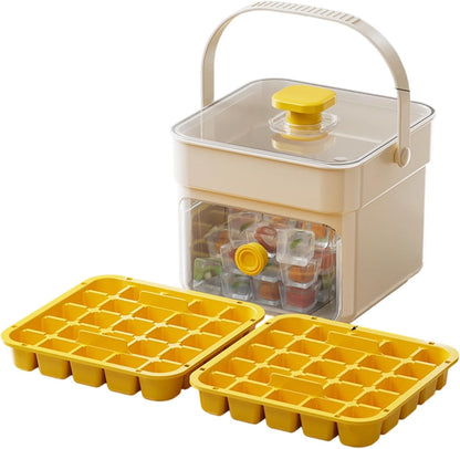 Button Ice Cube Tray with Lid and Bin, Easy Press Release Ice Cube Maker Mold Container with Handle and Scoop Compatible with Whiskey Cocktail Coffee Beverage Home Kitchen Party