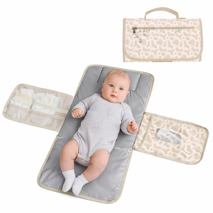 Love By Emi Portable Diaper Changing Pad, A Waterproof Travel Station and Foldable Clutch with Storage Pockets, an On-The-Go Baby Essential for Newborns and Toddlers with Cute Animals Pattern (Brown)