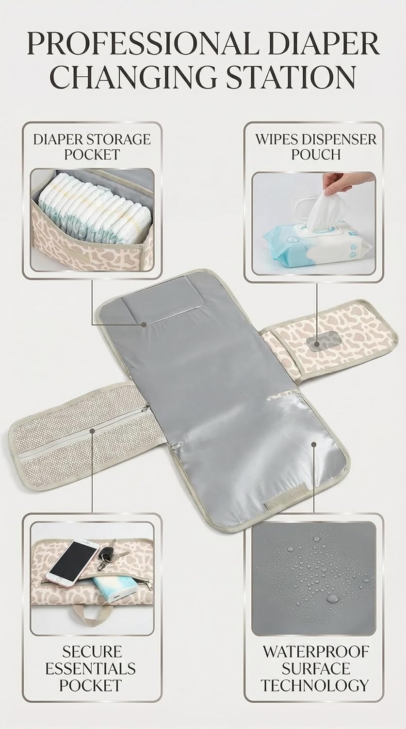Love By Emi Portable Diaper Changing Pad, A Waterproof Travel Station and Foldable Clutch with Storage Pockets, an On-The-Go Baby Essential for Newborns and Toddlers with Cute Animals Pattern (Brown)