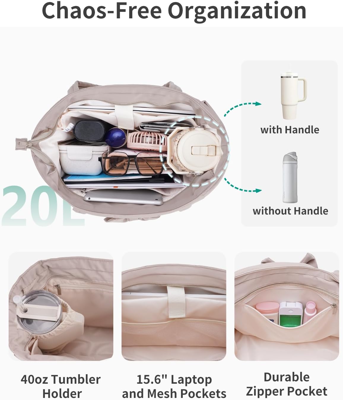Work Tote for Women, 40oz Large Bottle Pocket, 15.6" Padded Device Compartment, Commute, Daily Use