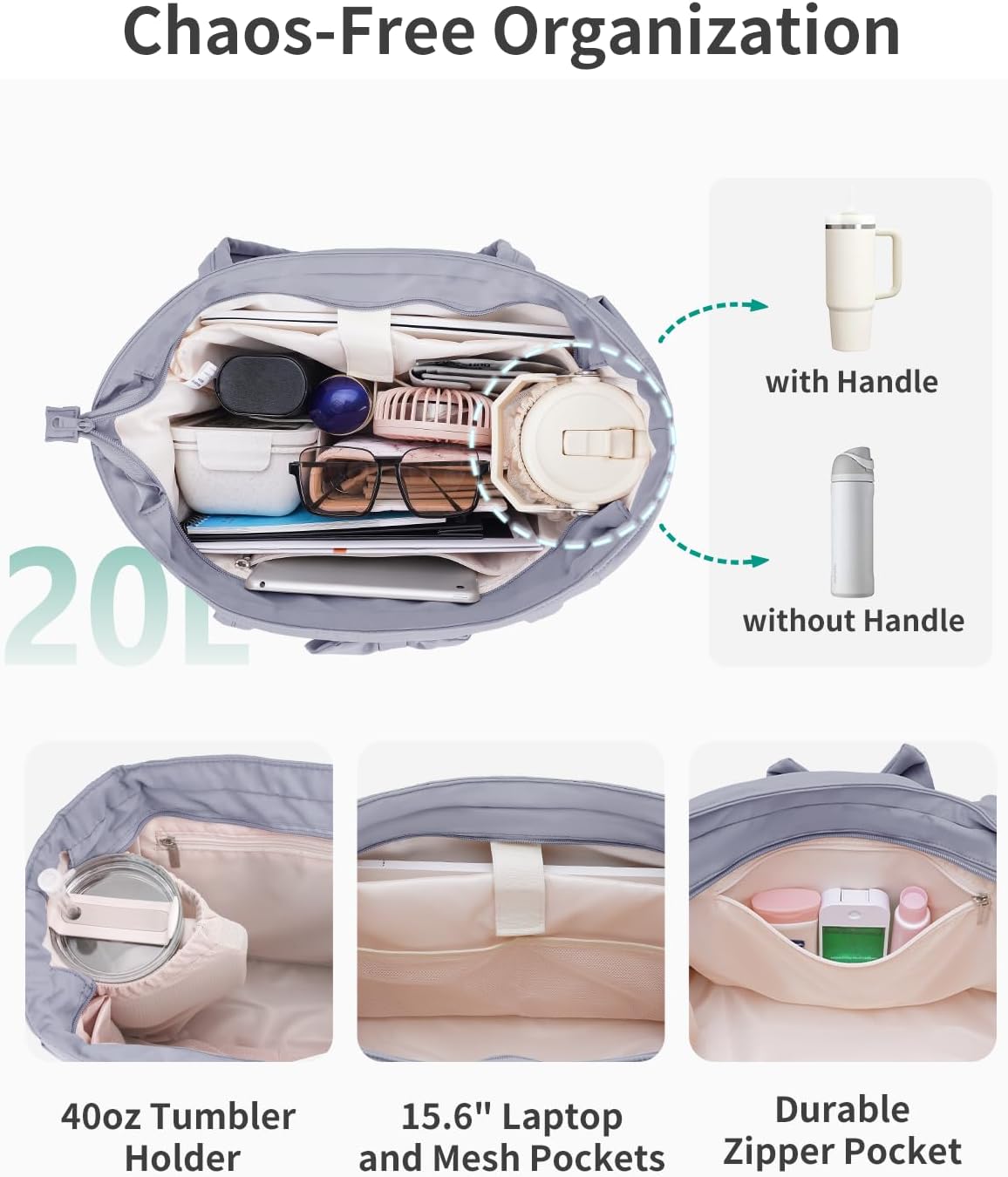 Work Tote for Women, 40oz Large Bottle Pocket, 15.6" Padded Device Compartment, Commute, Daily Use