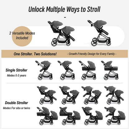 Double Stroller for Twins and Toddlers, Lightweight Aluminum Foldable Twin Stroller with Adjustable Backrest, Reversible Seat, 5-Point Harness, Storage Basket, Grey