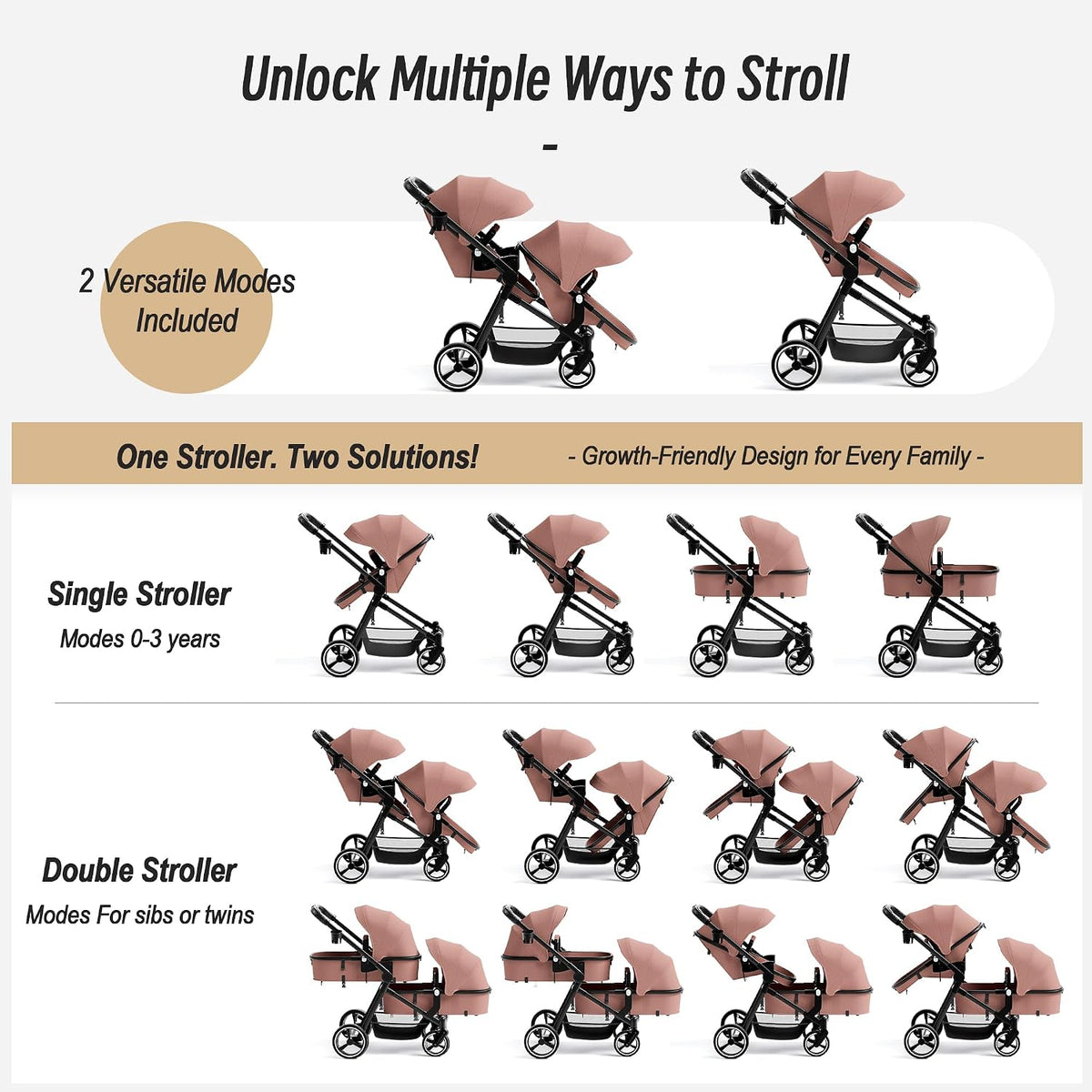 Double Stroller for Twins and Toddlers, Lightweight Aluminum Foldable Twin Stroller with Adjustable Backrest, Reversible Seat, 5-Point Harness, Storage Basket, Grey