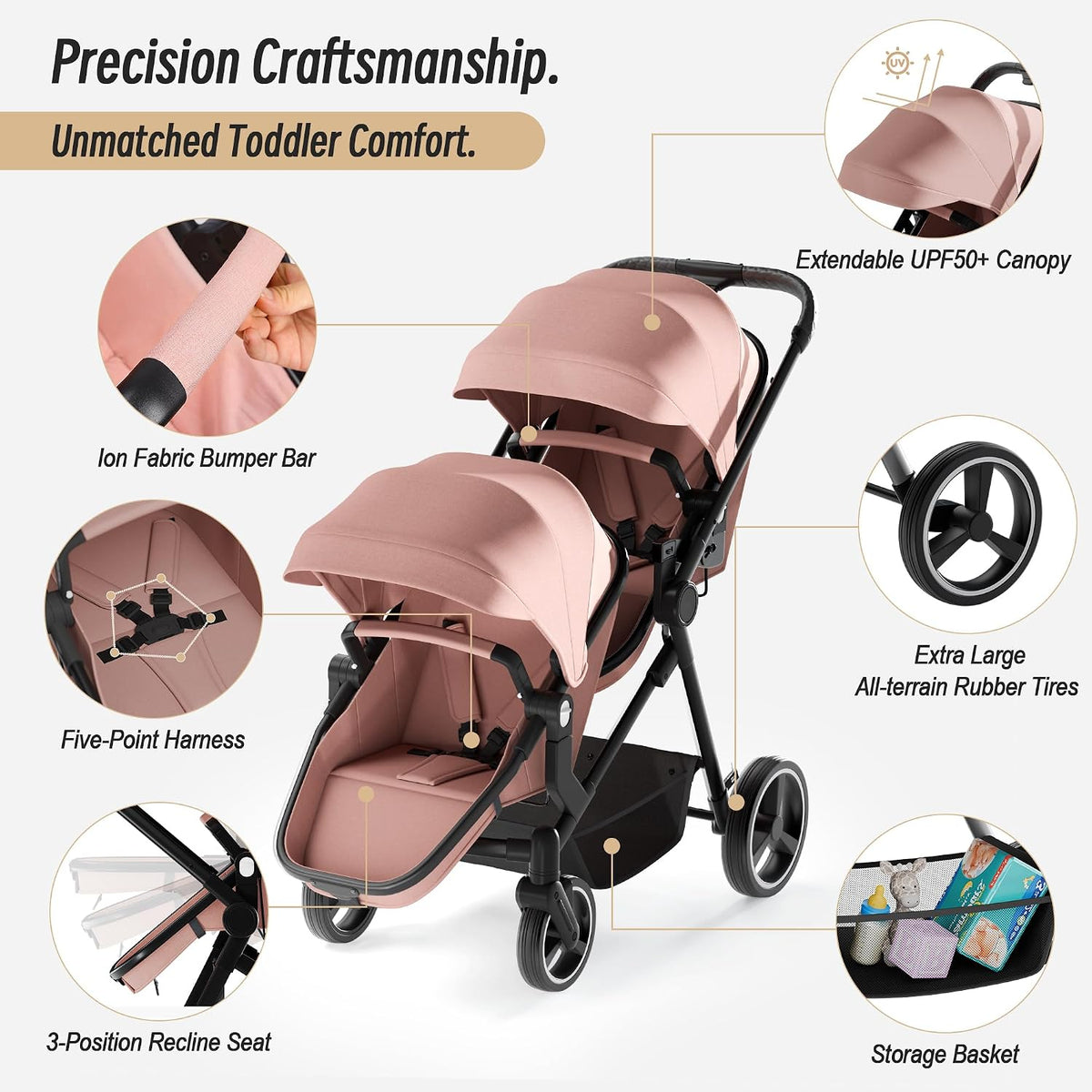 Double Stroller for Twins and Toddlers, Lightweight Aluminum Foldable Twin Stroller with Adjustable Backrest, Reversible Seat, 5-Point Harness, Storage Basket, Grey